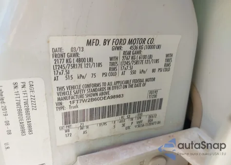 2013 Ford F-250 Xl z USA, uszkodzony, nr VIN 1FT7W2B60DEA98983